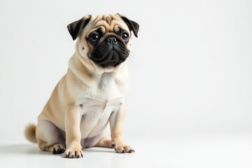 Obraz premium Adorable pug dog sits alone, white background, domestic dog, doggy