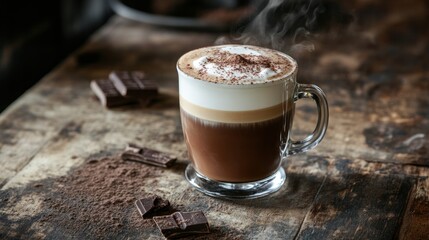 Hot chocolate drink with steam, topped with whipped cream and cocoa powder, on a rustic wooden table, alongside chocolate pieces