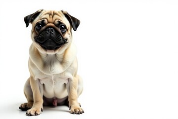 Obraz premium Adorable pug dog sitting, isolated on white background, companion, picture, pet photography