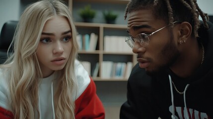 Fototapeta premium Young Diverse Friends Engaged in Deep Conversation in a Modern Office Setting with Shelves in Background