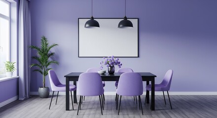 Imagine bright colorful peri lavender dining room featuring sleek black rectangle table four stylish lilac purple chairs set empty wall perfect blank canvas art frames decor mockups embodying luxury