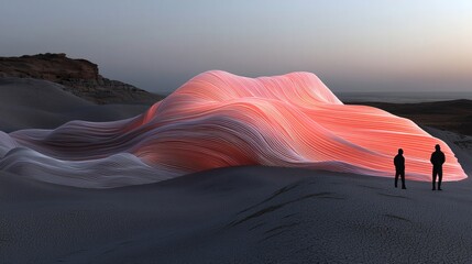 Surreal Desert Landscape with Colorful Wavy Form and Two Silhouetted Figures at Dusk