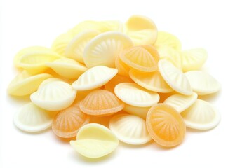 Colorful, round candies in various shades of yellow and orange