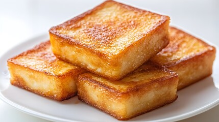 Golden brown French toast cubes perfectly cooked and stacked on a white plate ready for a delicious breakfast.