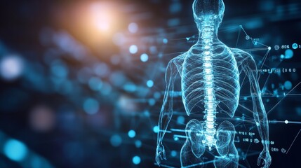 Human spinal column anatomy visualized with digital overlay.