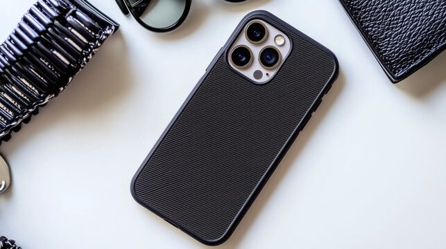 Minimalist smartphone case on a stylish flat lay with accessories including glasses and wallet