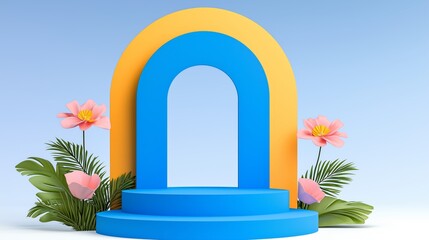 Pastel Blue And Yellow Arch With Tropical Flowers 3D Render