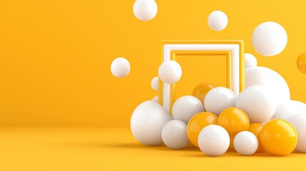 Abstract 3D Rendering Of White And Yellow Spheres And Geometric Frame On Yellow Background