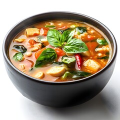 A delicious and healthy bowl of vibrant tomato basil soup with tofu and rice is perfect for a light meal.