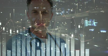 Male doctor projecting candlestick charts over highway, with floating bar graphs and price labels - Powered by Adobe