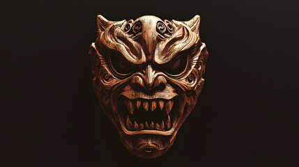 A cursed mask carved from dark wood, its design resembling a demonic face with hollow eyes and sharp fangs. Hollow Fang. Illustration