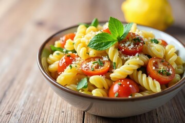 Bowl of vibrant pasta salad, colorful vegetables, lemon dressing, lemon, pasta salad