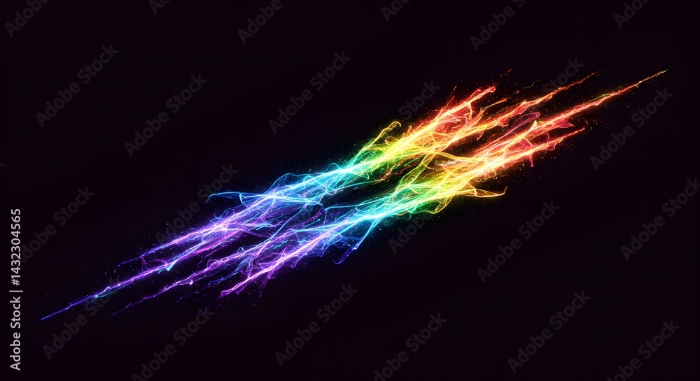 Poster abstract rainbow colored streaks of light on a dark background creating a dynamic visual effect