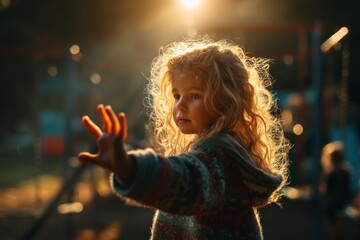 A young child on a sun-drenched playground, golden-hour light haloing their hair as they extend a tiny hand in a gentle yet firm stop, a stop hand gesture