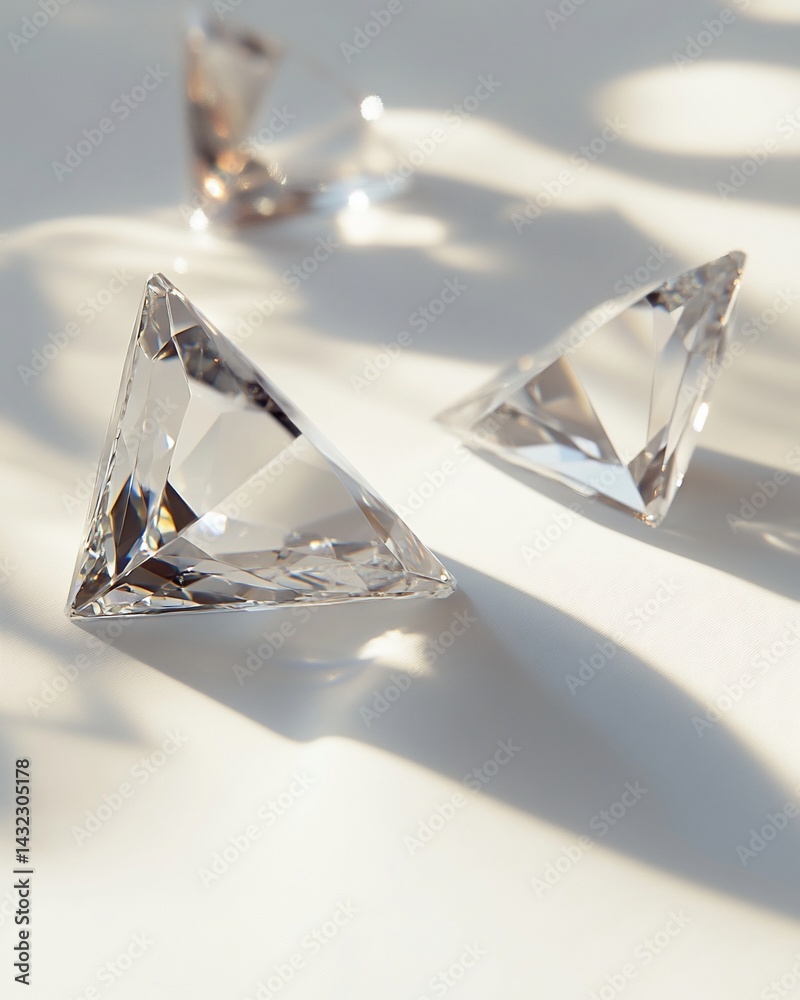 Poster Three triangular diamonds sparkle on a white surface, illuminated by soft sunlight casting delicate shadows.