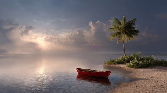 A red boat sits in the water next to a palm tree