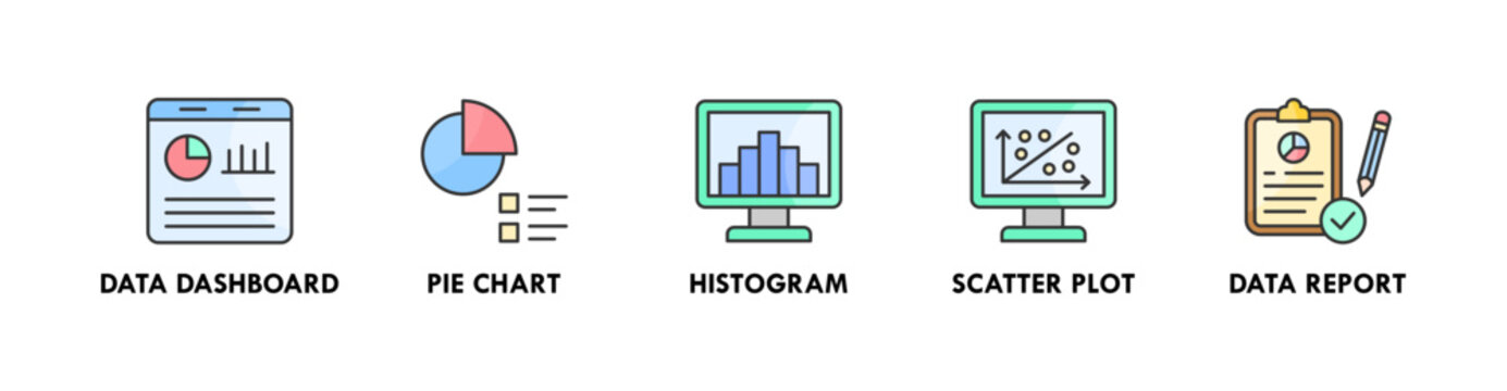 Data Analysis banner web icon illustration concept with icon of data dashboard, pie chart, histogram, scatter plot, and data report