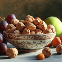 Bowl of Chilean nuts surrounded by fruits on table