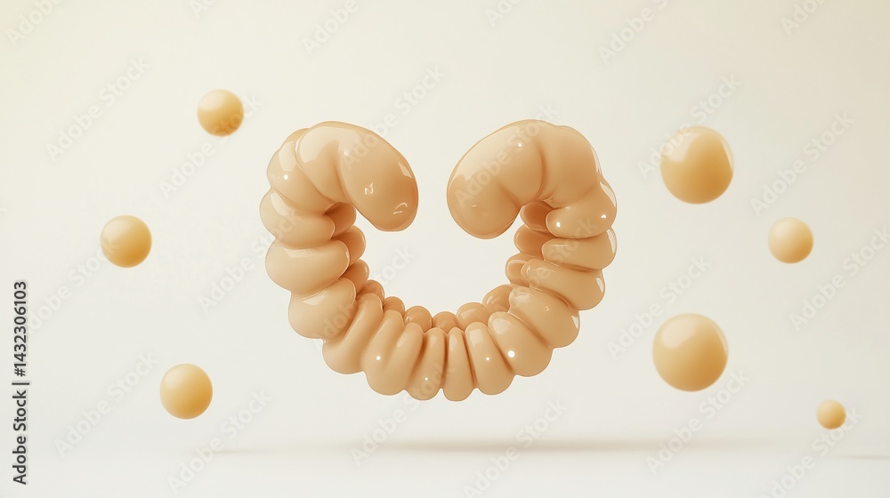 Poster abstract beige heart shape formed by glossy, inflated tubes, surrounded by floating spheres on a whi