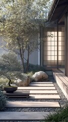 Fototapeta premium Serene Minimalist Zen Garden, featuring clean architectural lines, Japanese maple bonsai, textured gravel walkways, subtle color palette, evoking calmness and nostalgia.