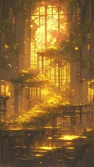 Post-Apocalyptic Blossom, an indoor stairway transformed by nature, with vines on steel beams, cherry blossoms falling through skylights, illuminated by soft golden light.