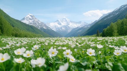 Fototapeta premium Majestic Alpine meadow blanketed in white flowers, with towering snow-capped peaks in the background