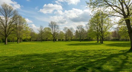 Obraz premium aesthetically pleasing indistinct springtime nature featuring meticulously maintained grassy area surrounded trees blue colored sky atmospheric moisture brightly illuminated sunny day