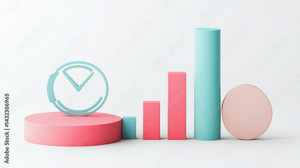 Poster Pastel-colored 3D rendering of a bar graph with a clock icon, symbolizing time management and growth.
