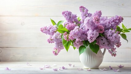 Pastel purple lilac flowers blooming in a vase on a soft white background, garden fresh