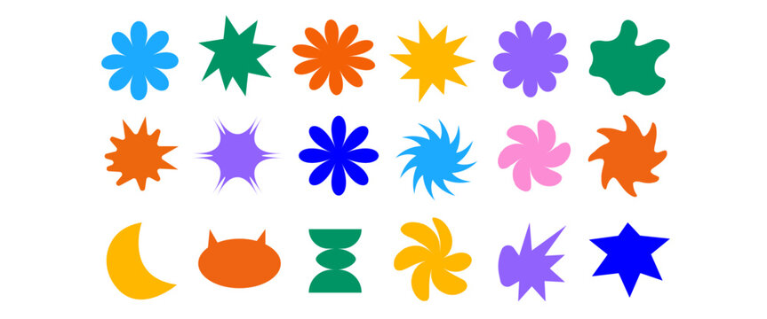 Vector set of hand drawn stars, design elements, badges, stickers, geometric figures - abstract background elements for branding, packaging,