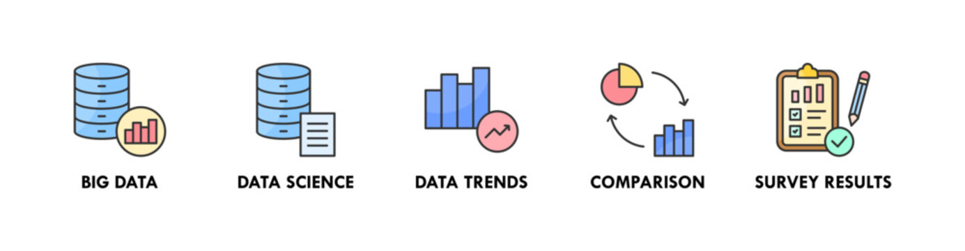 Data Analysis banner web icon illustration concept with icon of big data, data science, data trends, comparison, and survey results