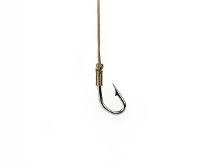 Fishing hook tied to a braided fishing line, isolated on white background.