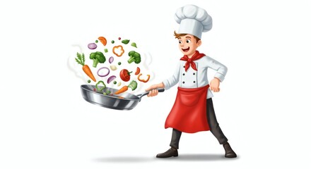 Cartoon chef tossing vegetables in a frying pan wearing a white uniform and a red apron on white background