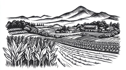 Rural farmland valley landscape, mountain background, idyllic scene, agriculture illustration