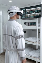 Person in Traditional Attire Using Virtual Reality Headset in a Modern Space with Screens