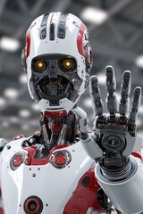 Fototapeta premium Futuristic humanoid robot with intricate design and advanced technology in modern industrial space