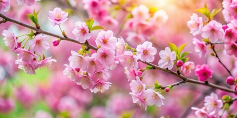 Obraz premium Soft pink sakura flowers start to bloom in April amidst lush greenery, pink sakura blossoms april blooming, spring flowers