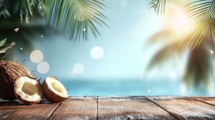Tropical beach background with a wooden tabletop and palm leaves over a blurred blue sea and sun bokeh light, a summer vacation concept
