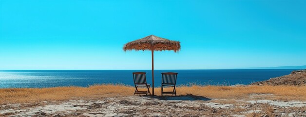 The photo gives the impression that you can be seated in front, on two wooden chairs under an umbrella made from straw, with a clear blue sky and a panoramic view of the sea in the background