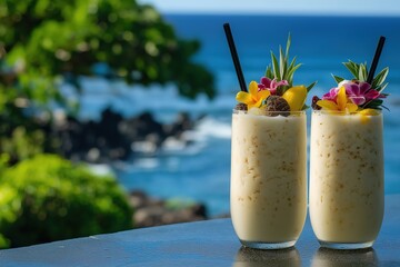 Two tropical drinks with colorful flowers and fruits, on the edge of an outdoor pool bar overlooking blue ocean water, with a bokeh background.