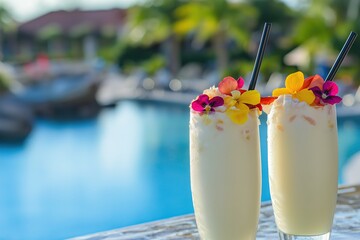 two tropical drinks with colorful flowers and fruits, on the edge of an outdoor pool bar
