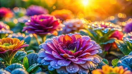 A lush flower bed with vibrant colors and intricate patterns displays a kaleidoscope of hues in the soft morning light, as dew drops glisten on each petal , morning, colorful