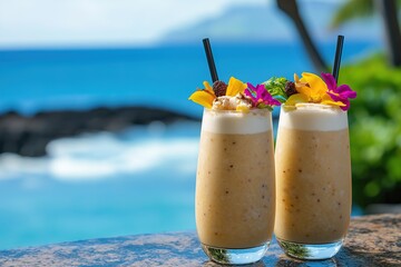 Two tropical drinks with colorful flowers and fruits, on the edge of an outdoor pool bar overlooking blue ocean water, with a bokeh background.