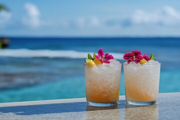 Two tropical drinks with ice and fruit in glasses on the edge of an outdoor pool bar, with an ocean background