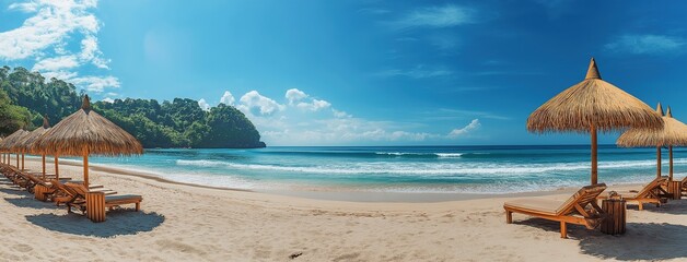 Photo of a Balinese beach with straw umbrellas and wooden sun loungers on white sand, a blue sky, and turquoise sea water, offering a panoramic view. Summer vacation concept banner.