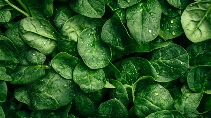 Background from fresh green spinach leaves with water drops. Texture of raw organic baby spinach close up. Food background