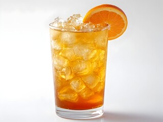 Refreshing iced tea with orange slice in tall glass filled with ice cubes perfect for summer.