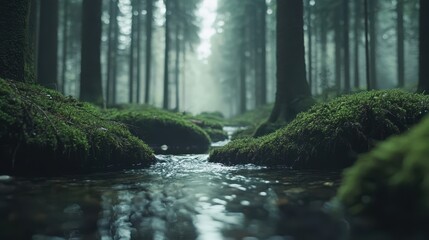 Obraz premium Misty forest stream flowing through mossy rocks.