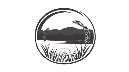 Obraz premium Lakeside mountain wheat field harvest scene; nature logo