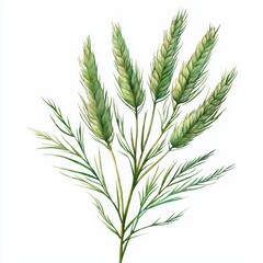 Fototapeta premium Green Plant Stem with Leaves and Buds on a White Background